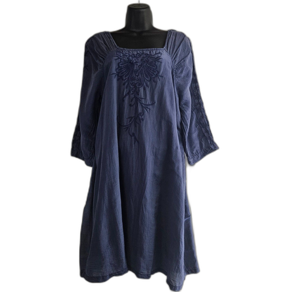 Embroidered Cotton Silk Shift Dress Sheer Puff 3/4 Sleeves by Vision De Reve M